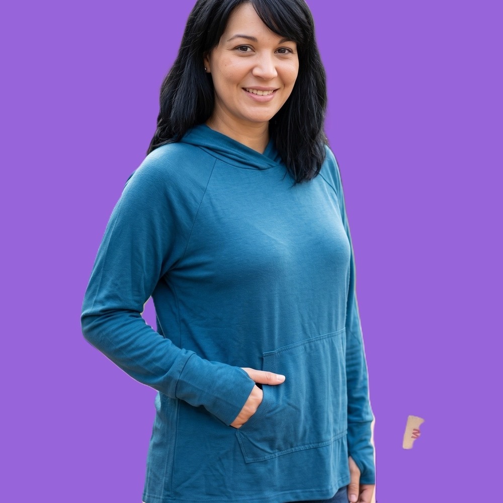 LuLaRoe Amber Hoodie Women's Medium Teal Blue Lightweight Pullover Pocket